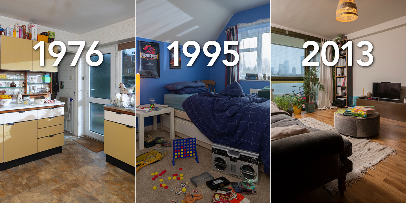 A kitchen in 1976, a bedroom in 1995 and a living room in 2013